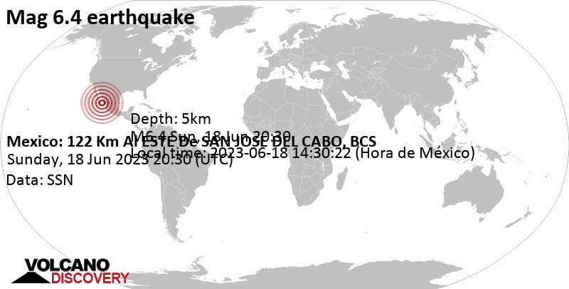 Major magnitude 6.4 earthquake - 120 km east of San José del Cabo, Los Cabos, Baja California Sur, Mexico, on Sunday, Jun 18, 2023 at 1:30 pm (GMT -7) 

#Earthquake #California #Mexico #LosCabos #BajaCaliforniaSur
