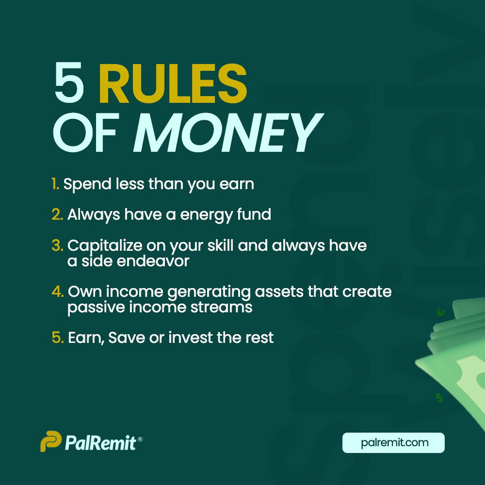 palremit's tweet photo. Mastering the art of money requires the adherence of these five essential rules.
By following these rules, you'll cultivate financial discipline, achieve financial stability, and secure a brighter future.
#Palremit #rulesofmoney #fintech #cryptocurrency #digitaltrading #digitalcurrencies