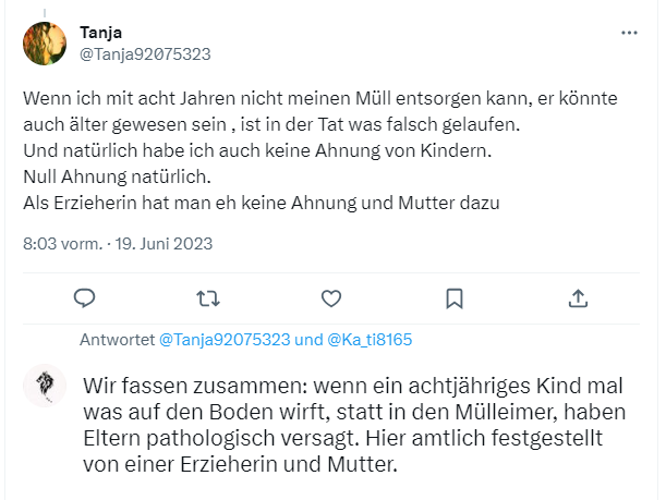 Wenn Eltern/Erzieher Eltern bashen, ist doch einiges schiefgelaufen bei diesen Menschen.

Hier amtlich von mir als Mensch festgestellt.

twitter.com/Tanja92075323/…