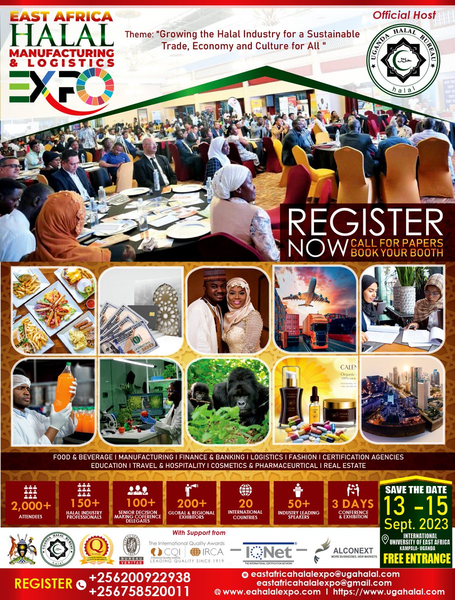 Uganda Halal Bureau <a href="/TheHalalBureau/">Uganda Halal Bureau</a> invites your participation and exhibit at the East Africa Halal Manufacturing &amp; Logisitics Exp.<a href="/CairoBank/">Cairo Bank Uganda</a> @Trobank_UG <a href="/psalmsfood/">Psalms Food Ind. Ltd</a> <a href="/BidcoUganda/">Bidco Uganda Limited</a> <a href="/iuiuac/">Islamic University In Uganda</a> <a href="/KEBS_ke/">KEBS KENYA</a> <a href="/UNBSug/">UNBS</a> <a href="/jumuiya/">East African Community</a>  <a href="/AKyambadde/">Amelia Kyambadde</a> <a href="/RebeccaKadagaUG/">Rebecca Alitwala Kadaga</a> <a href="/NationMediaGrp/">Nation Media Group</a>