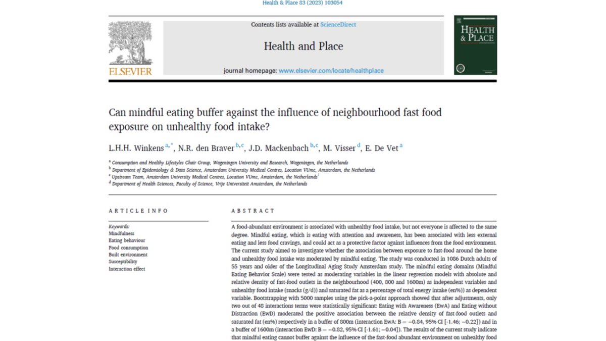 Can mindful eating buffer against the influence of neighbourhood fast food exposure on unhealthy food intake?

No, according to a new publication led by <a href="/laurawinkens/">Laura Winkens</a> in #HealthandPlace