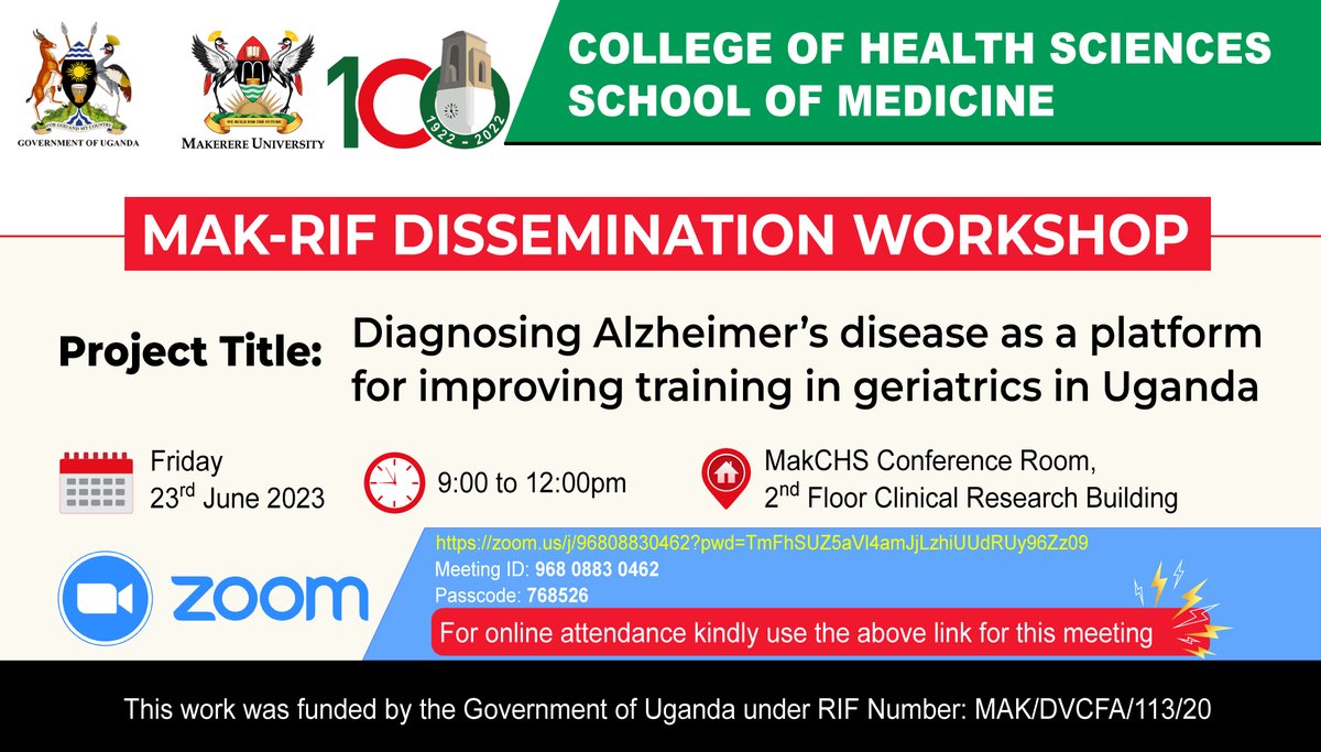 #GoodMorningTwitterWorld - Please join us this Friday (June 23) for an exciting research dissemination on #Alzheimers led by Prof. Noeline Nakasujja, chair, Department of Psychiatry, @MakerereCHS. All are welcome in person or online. Hope to see you all. #dementiaawareness