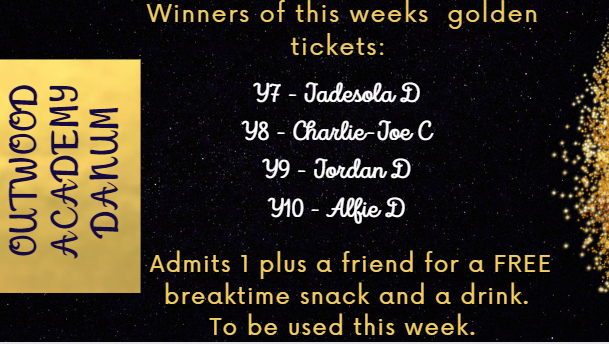 Each week, students that have received praise points are entered into a draw to receive 2 golden tickets which they can exchange for a free snack and drink. Congratulations to this week's golden ticket winners #Gottobeinittowinit #Praise #ProudToBeDanum