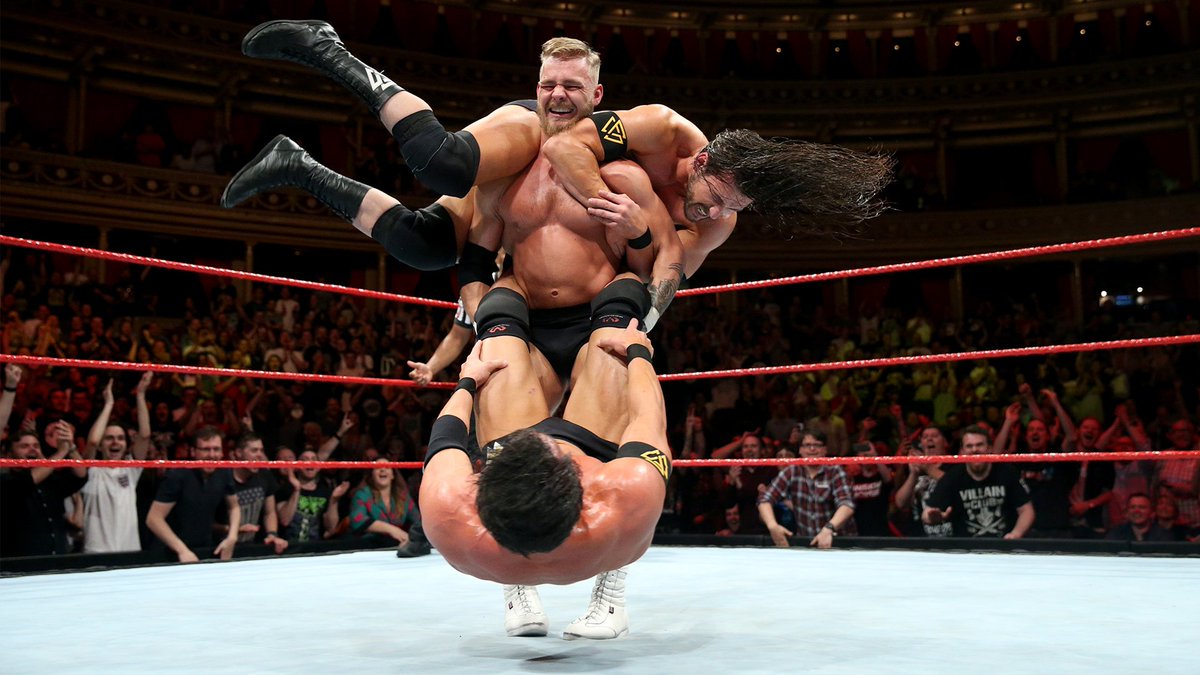 NXTUK_Legacy's tweet image. June 18, 2018:

On Night One of the United Kingdom Championship Tournament at Royal Albert Hall, #BritishStrongStyle (@PeteDunneYxB, #TylerBate, @trentseven) defeated #UndisputedEra (@AdamColePro, @KORcombat, @roderickstrong) in a six-man tag match.

📸 WWE

#NXTUK