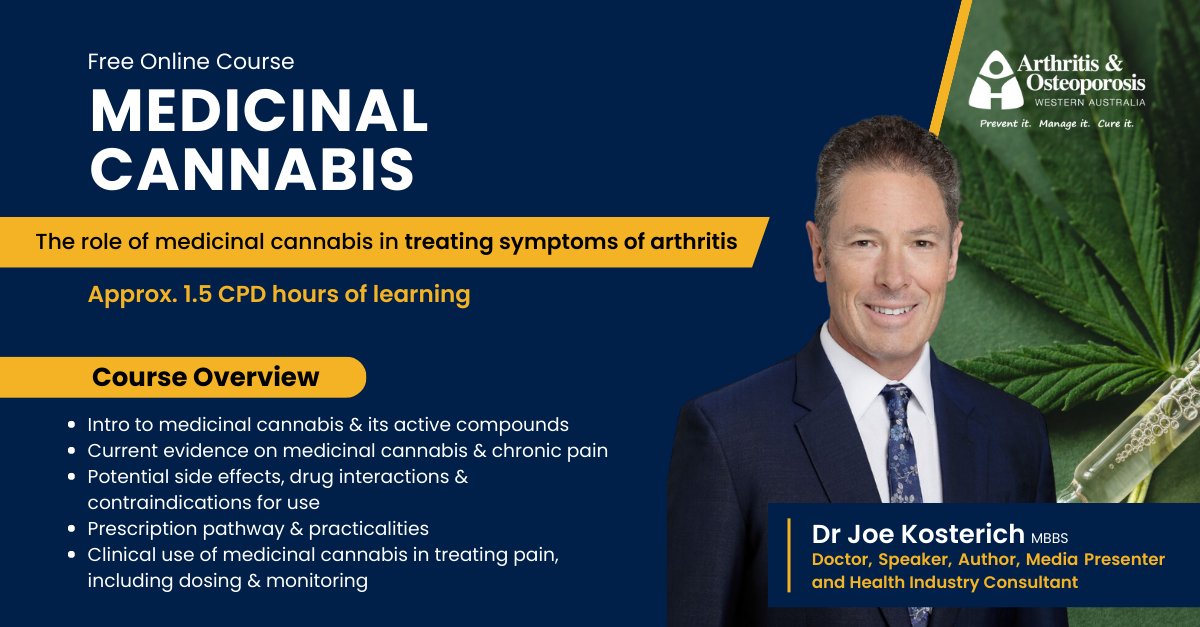 👨‍⚕️ Attention GPs and health professionals in WA! Gain a wider understanding of medicinal cannabis in treating symptoms of #arthritis in our online course led by @drjoesDIYhealth 

👉 arthritiswa.org.au/health-profess…

#ArthritisRelief #PainManagement #WesternAustraliaGPs #MedicinalCannabis