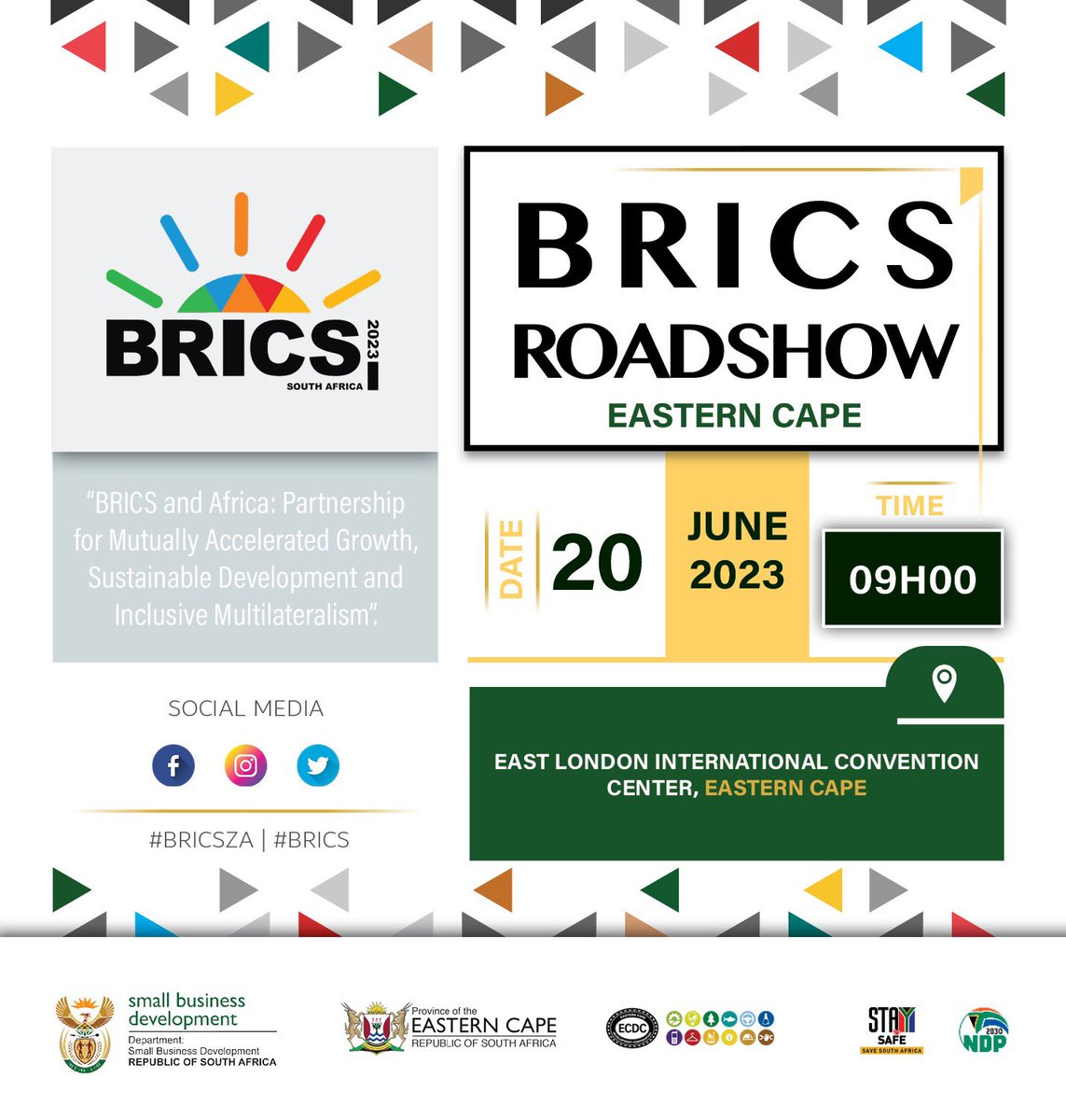 Minister for Small Business Development Stella Ndabeni-Abrahams will be leading BRICS Roadshow Eastern Cape.

Date: 20 June 2023
Time: 09h00
Venue: East London International Convention Center.