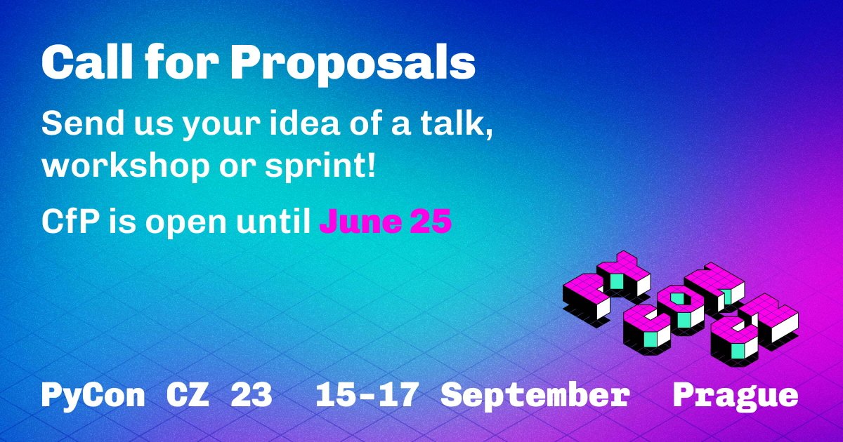 💡 Do you want to share your experience with #Python? Our community partner #PyConCZ is still looking for speakers to #PyConCZ23 conference in Prague on September 15-17.
👉 CfP -> cz.pycon.org/2023/cfp/
⏳ June 25