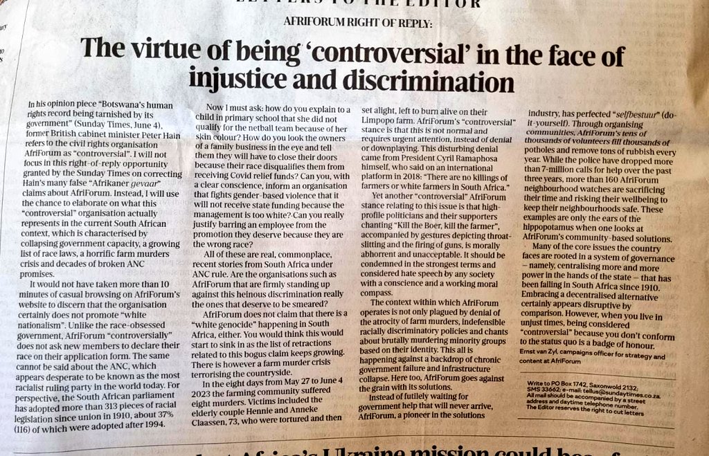 My opinion piece in the Sunday Times over the weekend about how AfriForum fits in to a South African context of escalating racially discriminatory legislation, farm murders, and state collapse.