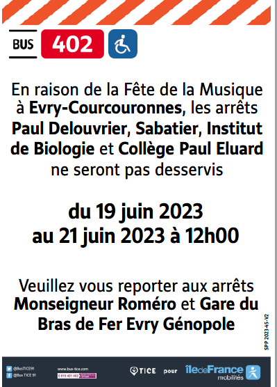 EvryEss_IDFM's tweet photo. #InfoTrafic Les Lignes #bus402, #bus408, #bus414, #bus415 et #bus416 seront déviées en raison de la Fête de la Musique à Evry-Courcouronnes. https://t.co/XxvVUENYGL