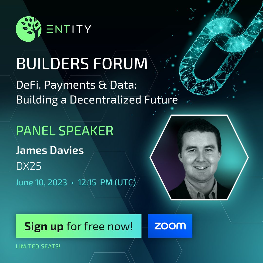 DX25 (@dx25labs) on Twitter photo Are you joining the <a href="/EntityFinance/">Entity</a> Builders Forum event this Saturday? 🛸
Our CPO, @JLLDavies, will be joining to discuss 'DeFi, Payments & Data: Building a Decentralized Future' 🏦💪
Sign up here: en.entity.global/buildersforum Are you joining the <a href="/EntityFinance/">Entity</a> Builders Forum event this Saturday? 🛸
Our CPO, @JLLDavies, will be joining to discuss 'DeFi, Payments & Data: Building a Decentralized Future' 🏦💪
Sign up here: en.entity.global/buildersforum