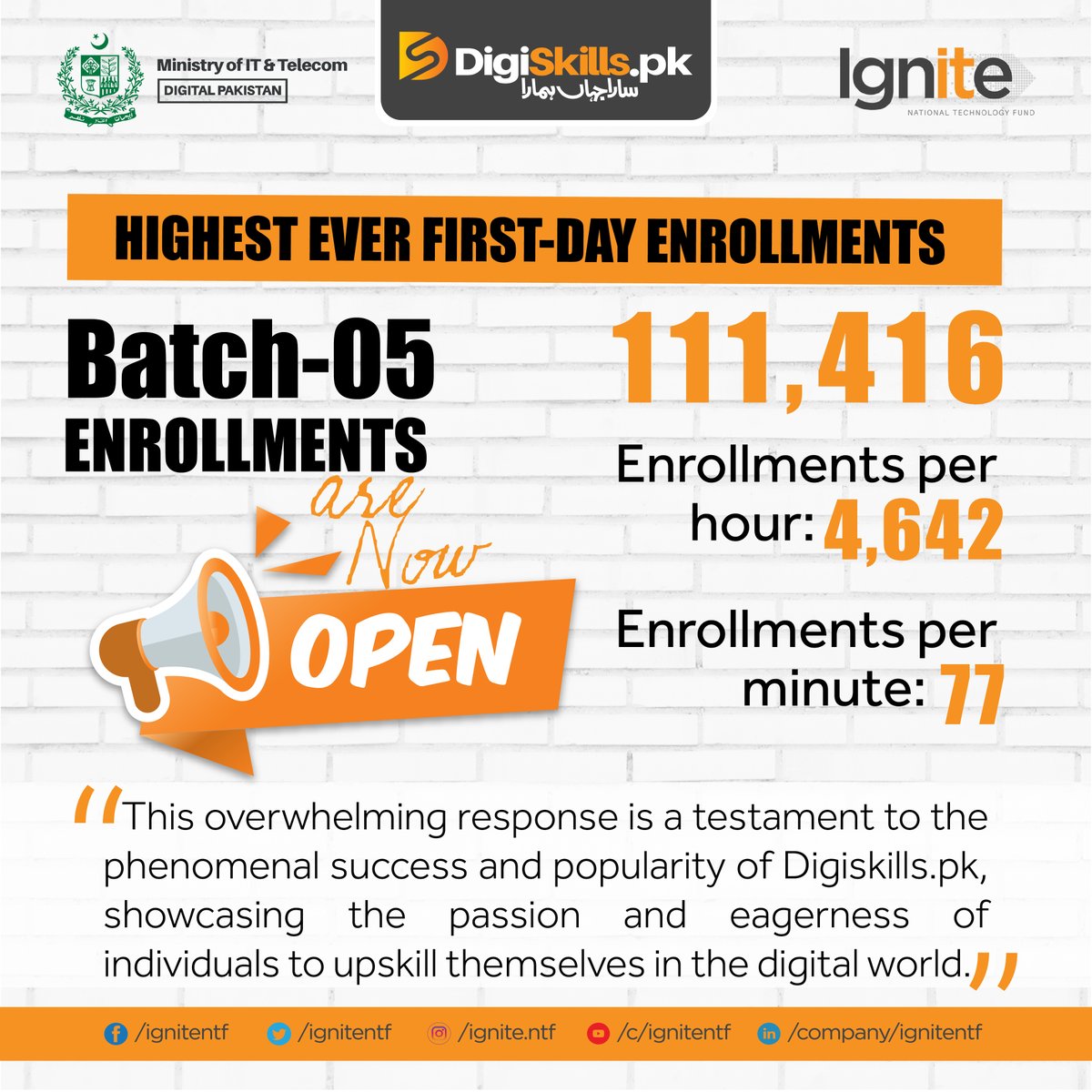 IgniteNTF's tweet photo. Highest ever first-day enrollments in Batch-05 of @digiskillspak funded by @IgniteNTF - @MoitOfficial
If you are a new trainee, please Register yourself first right now by visiting:
https://t.co/83IYmX2Cld
#DigiSkillsPk #SaraJahanHamara #hightest #firstday #enrollment #batch05 https://t.co/KMYdGgNswE