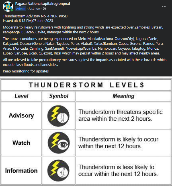 dost_pagasa's tweet photo. Thunderstorm Advisory No. 4 NCR_PRSD
Issued at: 6:13 PM,07 June 2023 https://t.co/wy2Ip61JUN