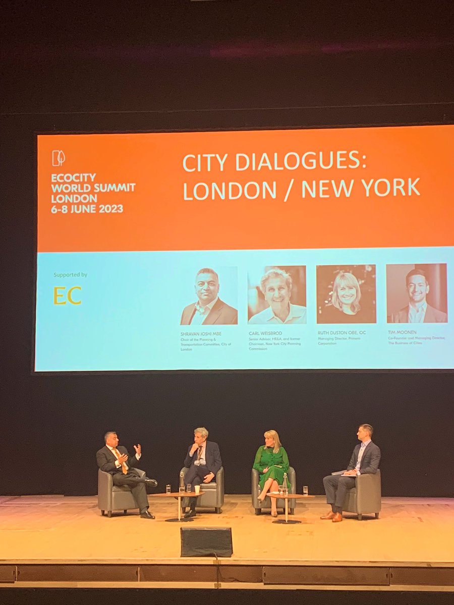 An excellent speaker panel for @ECBIDLondon London:New York panel at #Ecocity2023, discussing environmental sustainability and climate change resilience in these two peer global cities @CarlWeisbrod @ShravanJoshi @RuthDuston
