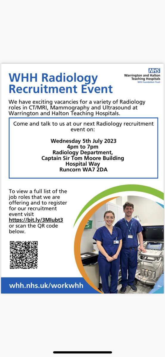 Exciting opportunities are coming 😁 come along to our recruitment event for more information on our upcoming vacancies in CT, MRI, Mammography &amp; Ultrasound 🩻 <a href="/WHHNHS/">WHH 🏥</a> #Warringtonhospital #WHH #Radiology #Jobvacancies