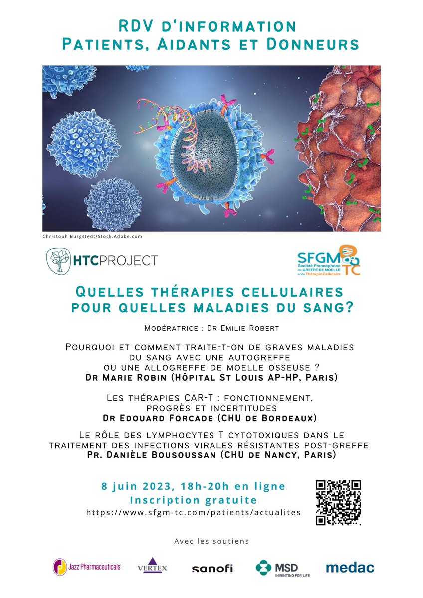 Quelles #ThérapiesCellulaires🔬pour quelles #MaladiesDuSang 🩸? C'est demain à 18h ! Patients, Aidants &amp; Donneurs, faites la différence entre #autogreffe et #allogreffe ; affinez vos connaissances des #CARTcells &amp; découvrez les #LymphocytesTcytotoxiques ✍️sfgm-tc.com/patients-et-ai…