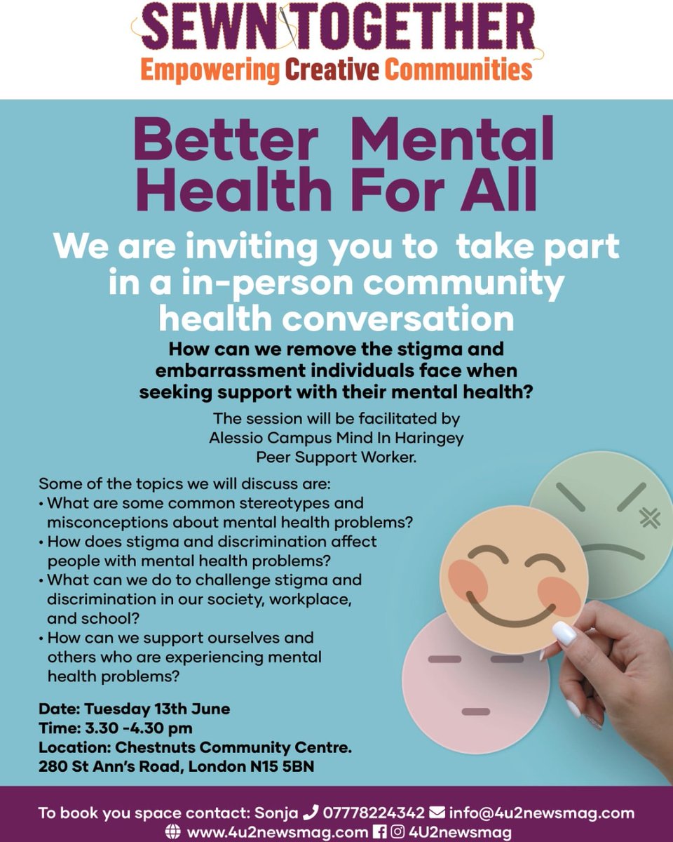 4u2newsmag (@4u2newsmag) on Twitter photo As part of loneliness awareness week 2023 Sewn Together at Chestnuts Community Centre will be partnering with <a href="/MindinHaringey/">Mind in Haringey</a> to open up conversation on Tuesday 13th June
3.30-4.30
#tottenham #sewntogether #4u2newsmag #mentalhealth #haringey #chestnutscommunitycentre #loneliness As part of loneliness awareness week 2023 Sewn Together at Chestnuts Community Centre will be partnering with <a href="/MindinHaringey/">Mind in Haringey</a> to open up conversation on Tuesday 13th June
3.30-4.30
#tottenham #sewntogether #4u2newsmag #mentalhealth #haringey #chestnutscommunitycentre #loneliness