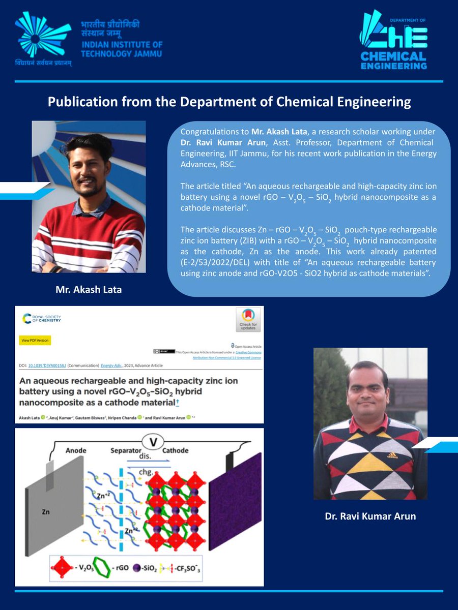 ChemEnggIITJMU's tweet photo. Congratulations to Mr. Akash Lata, a research scholar working under Dr. Ravi Kumar Arun, Asst. Professor, Department of Chemical Engineering, IIT Jammu, for his recent work publication in the Energy Advances, RSC.

DOI https://t.co/0t78szvpIT https://t.co/qJQpYiWx2C