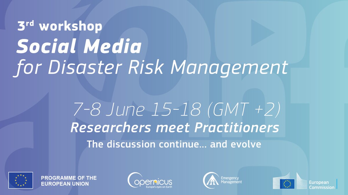 CopernicusEMS's tweet photo. 🗣️If you are a researcher or a practitioner using social media in support of Disaster Risk Management

Join our #SMDRM online workshop to discover how to leverage #Twitter sources despite the recent changes in its policies

Check the agenda at👇
https://t.co/9IpPDDkueb https://t.co/x10jvge7VP