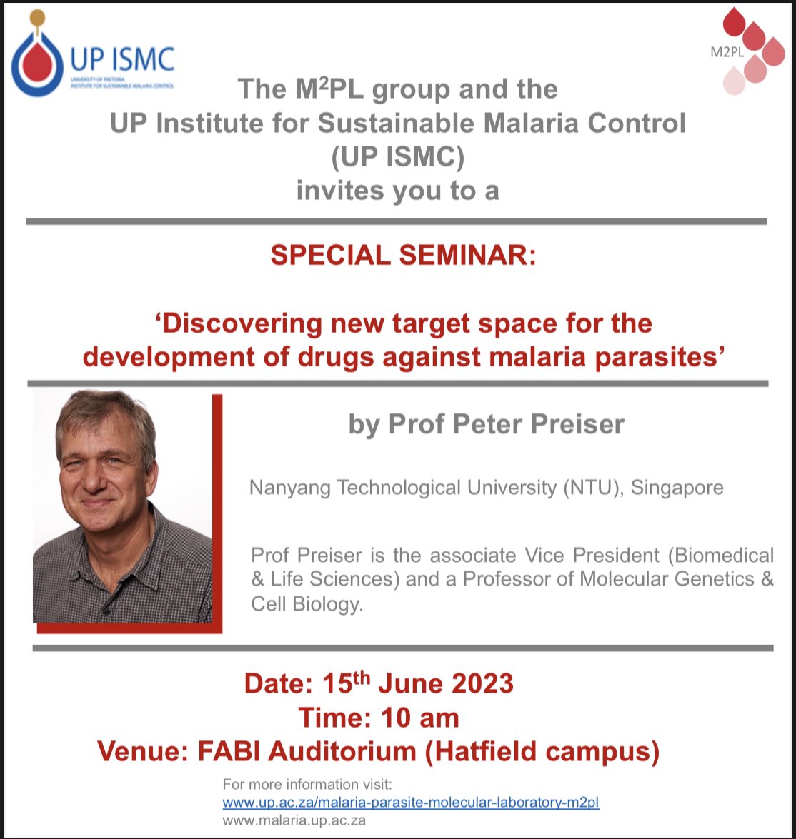 Please see an advertisement for a special seminar in malaria drug discovery. 

up.ac.za/malaria-parasi…