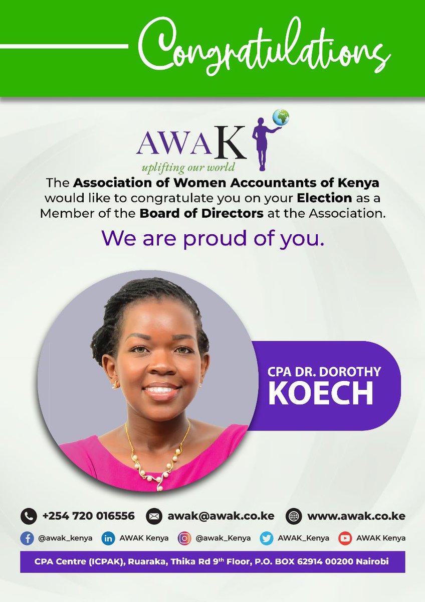 Congratulations🎉 to CPA Dr. Dorothy Koech on being elected to the Board of Directors.

Position: Board of Directors
Period: 2023 - 2025

Want to join the Association?. Follow the Registration Link✍️
awak.co.ke/membership/

#awakupliftingourworld #governance  #WomenLead #CSuite