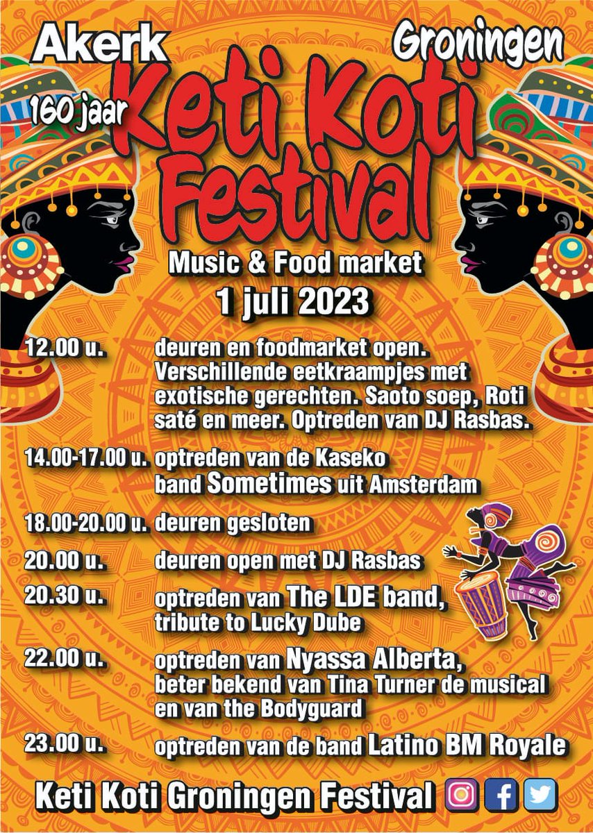 Op 1 juli vieren we Keti Koti in de <a href="/akerk/">akerk</a> en het programma is bekend! Met o.a. optredens van @nyassaalberta en @latinobmroyale. Kom naar de Akerk om samen de afschaffing van de slavernij te vieren dat 160 jaar geleden werd afgeschaft. 
#ketikotigroningenfestival