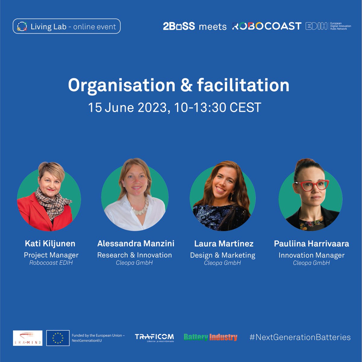 2BoSSProject's tweet photo. Introducing our event organisers &amp; facilitators 📣:
🙋🏼‍♀️ @KiljunenKati from @robocoast / @aleswildseeds , @pharrivaara &amp; Laura Martínez from @CleopaGmbH and 2BoSS project members, they'll be responsible for introducing, coordinating &amp; moderating the event 💬. #SSB23 https://t.co/YnHRaDf4pz
