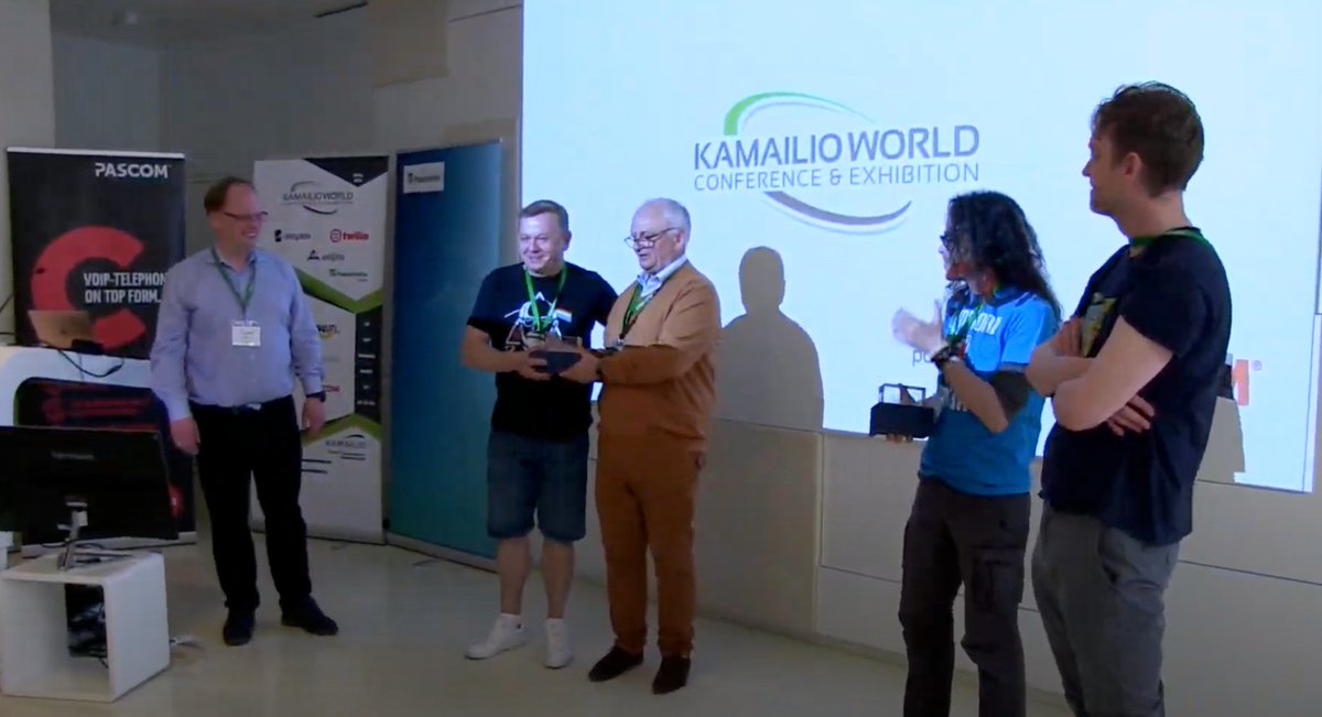 Congratulations to all the #DangerousDemo winners at #KamailioWorld! @elminiero <a href="/adubovikov/">Alexandr Dubovikov</a>  <a href="/CarstenBock1/">Carsten Bock</a> and of course a round of applause for the one and only <a href="/jamesbody/">James Body</a>