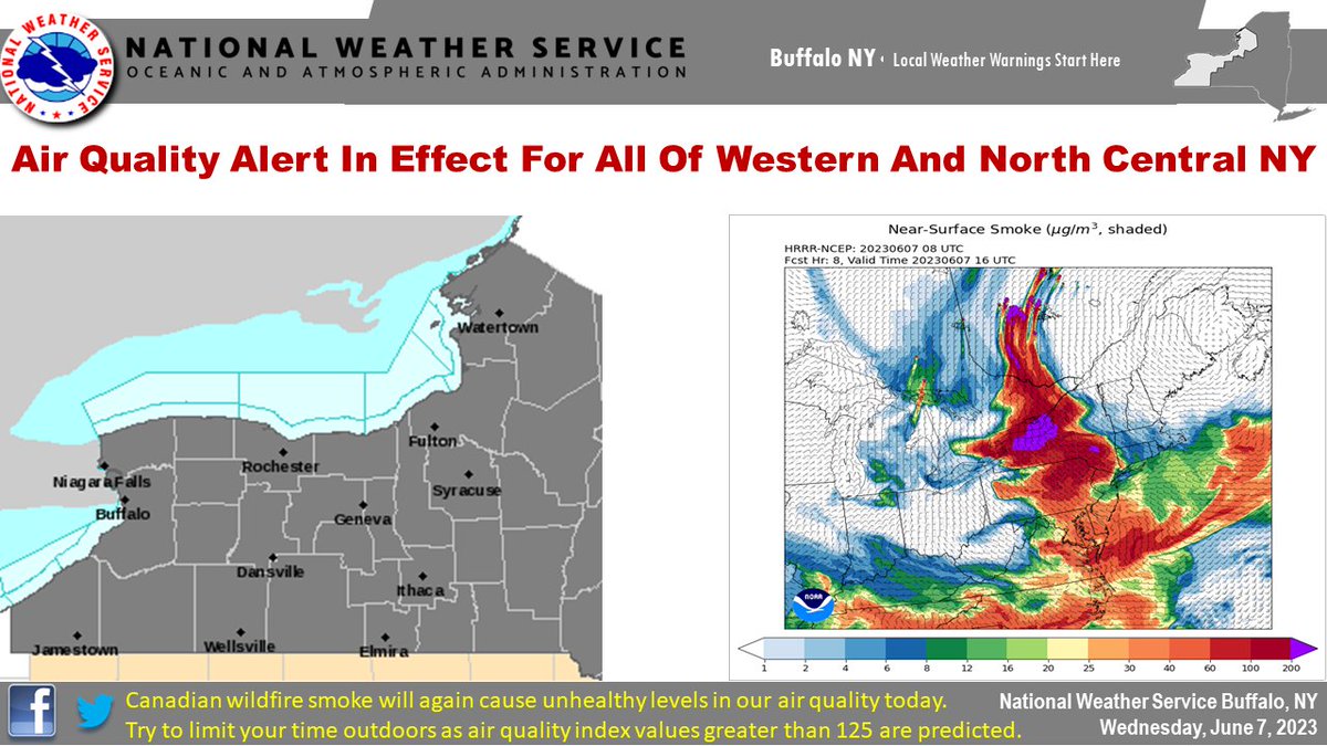 NWSBUFFALO's tweet photo. An Air Quality Health Advisory is in effect for our area. Being outdoors today will be quite unhealthy, especially for sensitive groups. Try to limit your time outside. For more details, click: https://t.co/laKkY96R9A https://t.co/kXPU65IIsL