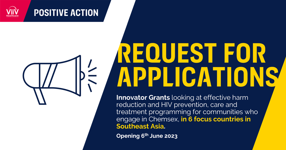 ViiVHC's tweet image. Applications for our Positive Action Innovator Grants are now open, funding proposals for effective harm reduction, HIV prevention, testing and treatment programming for communities who engage in Chemsex in Southeast Asia.

Find out more: ms.spr.ly/6002gijBQ

#PositiveAction
