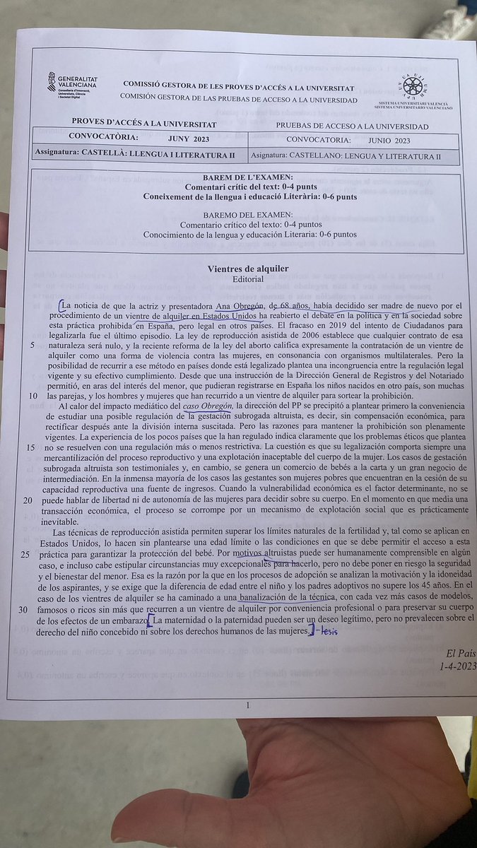Lamentable lo que ha hecho <a href="/ximopuig/">Ximo Puig</a> <a href="/generalitat/">Generalitat</a> al poner el comentario de texto sobre un nefasto artículo de <a href="/el_pais/">EL PAÍS</a> en contra de la #GestaciónSubrogada.
Y sin pensar en lo evidente:
Que en el examen hay chicas y chicos nacidos por GS.

<a href="/GVAeducacio/">GVA Educació</a> Educando en el odio.