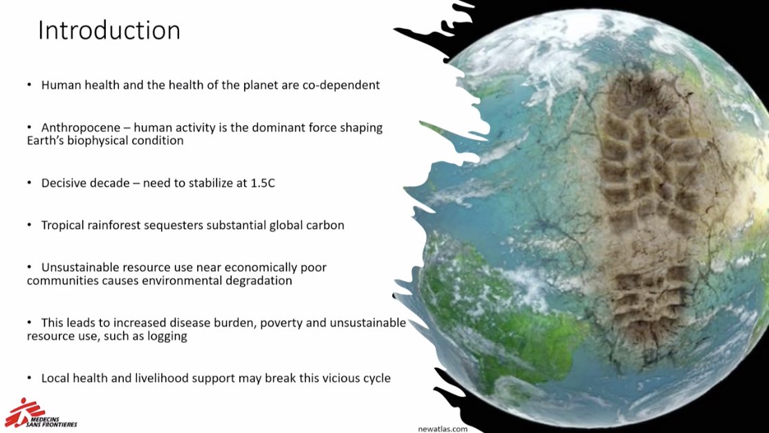 Taking a #Planetaryhealth perspective - MSF provides healthcare in many very climate sensitive areas. Sakib Burza - Communities with better access to healthcare and livelihood support associated with significantly lower deforestation rates prior to the pandemic #MSFsci