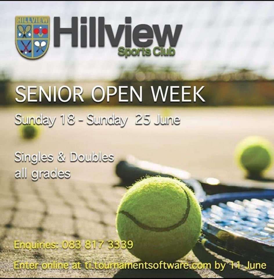 Tournament News: The Hillview Senior Open Week runs from June 18th - 25th.

Entry closes on June 11th, enter online at: ti.tournamentsoftware.com