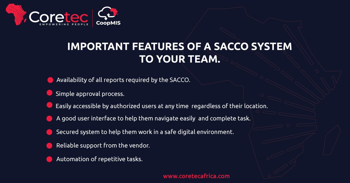 A good SACCO management system must have features that make work easier for your teams and helps in improving productivity and efficiency.

Below are some of the most essential features for your team members in the SACCO.

#creditunions
#fintech 
#cooperatives 
#corebanking
