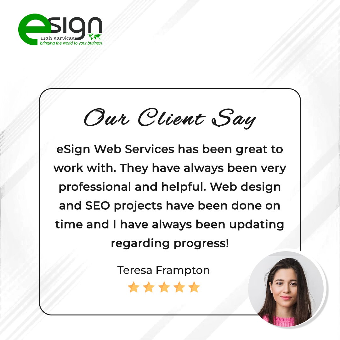 '...They have always been very professional and helpful…'
Client: Teresa Frampton
Service: Web Design and SEO
Want To Know More: bityl.co/DXEz
.
.
#seoservices #seostrategy #websitedevelopment #googleranking #websiteranking #affordableseo #esignwebservices