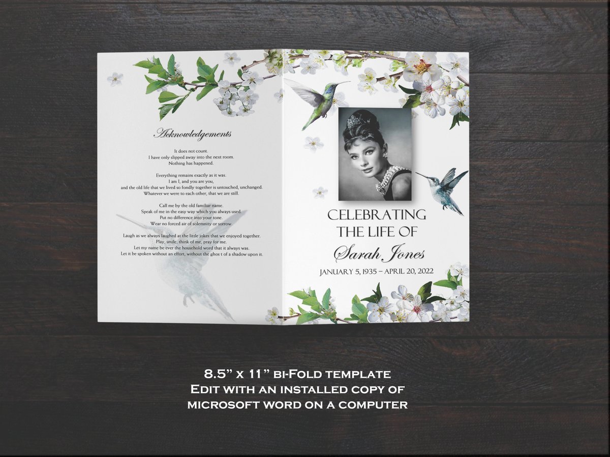 Funeral Program Template | DIY Printable Memorial Program | White Cherry Blossoms Hummingbird | DIY Funeral Program Template | Mass Program etsy.me/462vRXc #white #griefmourning #green #programstemplate #funeralprogram #orderofservice #memorialprogram #editable