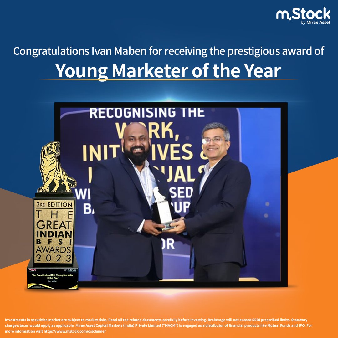 mstock_in's tweet photo. 🏆 Celebrating a triple win at the 3rd edition of "The Great Indian BFSI Awards 2023"!

🥇SEO of the Year.
🥇Young Marketer of the Year.
🥇Online Lead Generation Campaign of the Year.

Big thanks to our amazing team and clients for their support!

#mStock #MiraeAsset #BFSIAwards https://t.co/WYbKSF7DkG