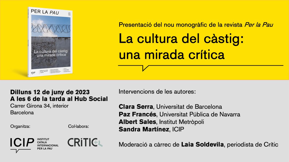 ICIPeace's tweet photo. El #punitivisme normalitza la violència i té conseqüències sobre els drets humans. Per què, malgrat això, es continua apostant per aquesta estratègia?

📅El 12/06 reflexionem sobre alternatives en clau de #seguretat i #justícia 

📍18h al @hubsocialbcn https://t.co/HfLlESRIow https://t.co/DadXCVPYmo