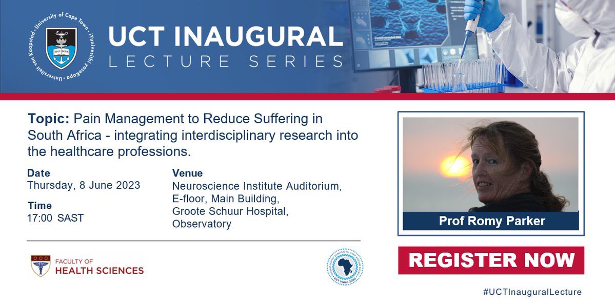 Exposcience's tweet image. The upcoming #UCTInauguralLecture will be presented by Professor Romy Parker, on Thursday 8 June 2023 at 17:00 SAST.  Professor Parker will discuss her research on how pain management can be improved to reduce suffering in South Africa. 

 Register now: bit.ly/3N2wqZz…