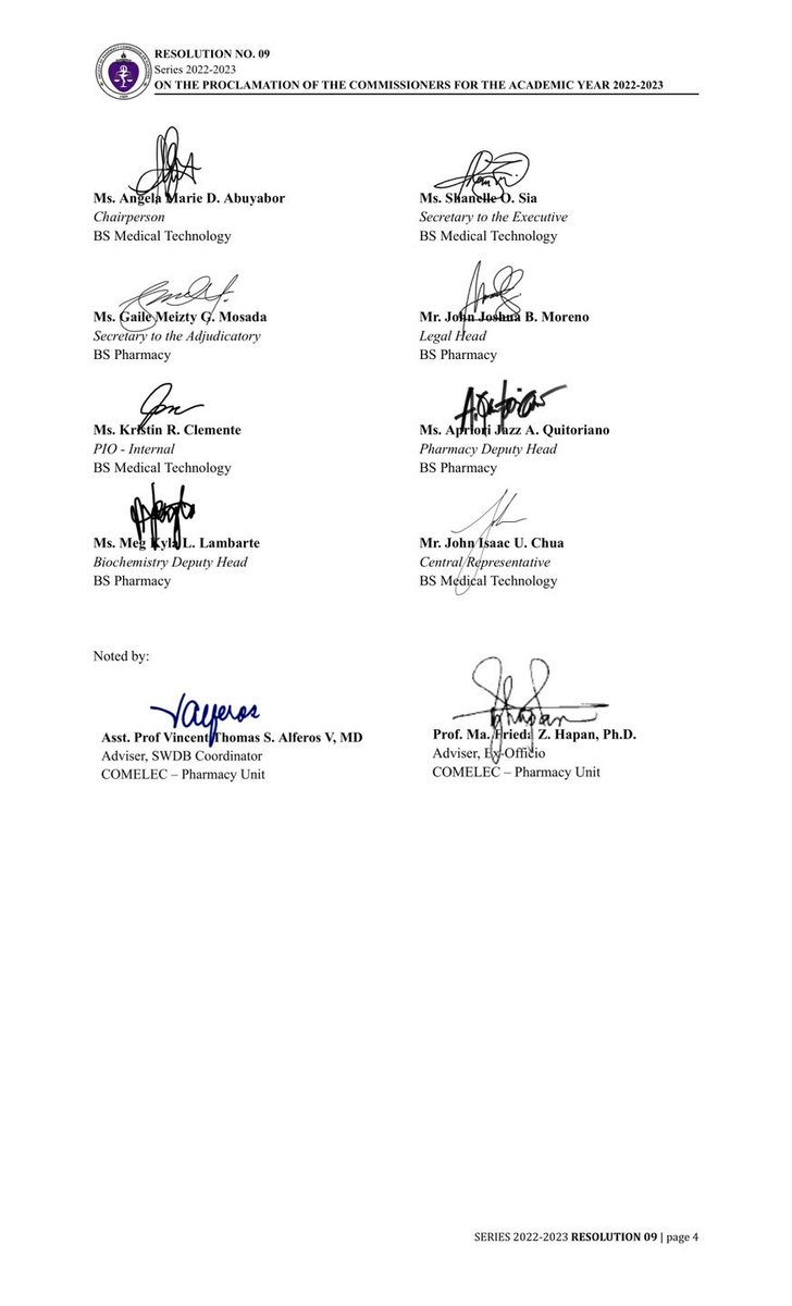 PHARCOMELEC's tweet image. RESOLUTION NO. 09
Series of 2022-2023
RE: ON THE PROCLAMATION OF THE COMMISSIONERS FOR THE ACADEMIC YEAR 2023 - 2024