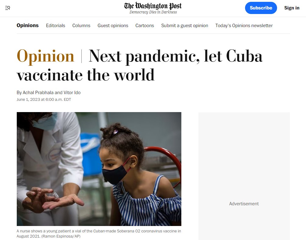 1/ A very interesting opinion piece in the Washington Post about the Cuban Covid vaccination program. It is not generally known that Cuba, unable to purchase vaccines in the world market, decided to develop their own. It managed to develop several, very effective vaccines 🧵
