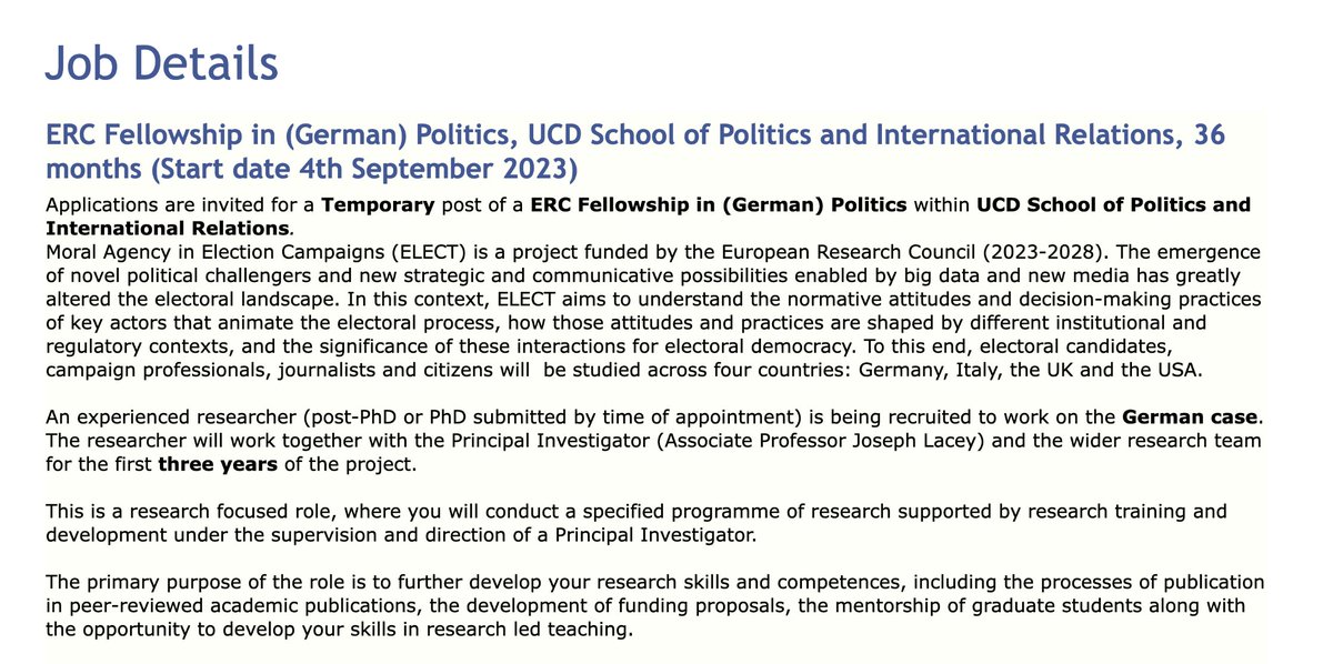 Our colleague <a href="/JJJLacey/">Joseph Lacey</a> is hiring a postdoctoral researcher for the <a href="/ERC_Research/">European Research Council (ERC)</a> project Moral Agency in Election Campaigns.

The successful candidate will focus on the case of Germany.
– Duration: 36 months
– €42,126–€47,000 p.a.
– Deadline: 20 June

my.corehr.com/pls/coreportal…