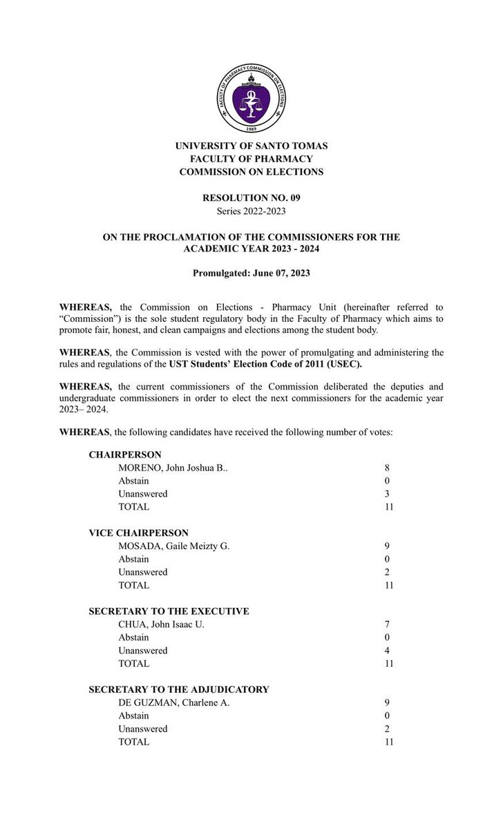 PHARCOMELEC's tweet image. RESOLUTION NO. 09
Series of 2022-2023
RE: ON THE PROCLAMATION OF THE COMMISSIONERS FOR THE ACADEMIC YEAR 2023 - 2024