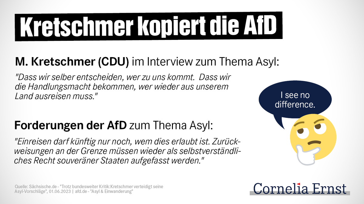 Wenn es um #Asyl geht und #Kretschmer (#CDU) nichts besseres einfällt, als rechtspopulistisches Gequatsche von der #noAfD zu kopieren... 🤮
#Asylrecht #AsylrechtRetten #LeaveNoOneBehind