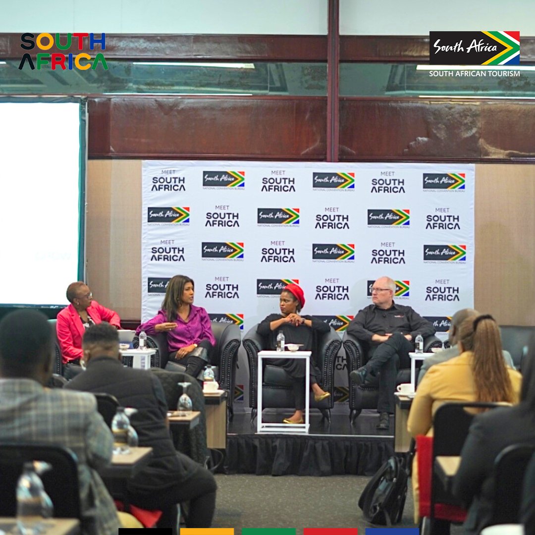 The Global Exhibitions Day panel is in full swing, featuring respected thought-leaders in tourism: @sontondlovu (ACEO of SA Tourism), @ProjeniPather (AAXO), Morwesi Ramonyai (Event Greening Forum & Borena Energy) & @justinhawes1 (Scan Display) #MeetSouthAfrica #GED2023 @AAXO_SA