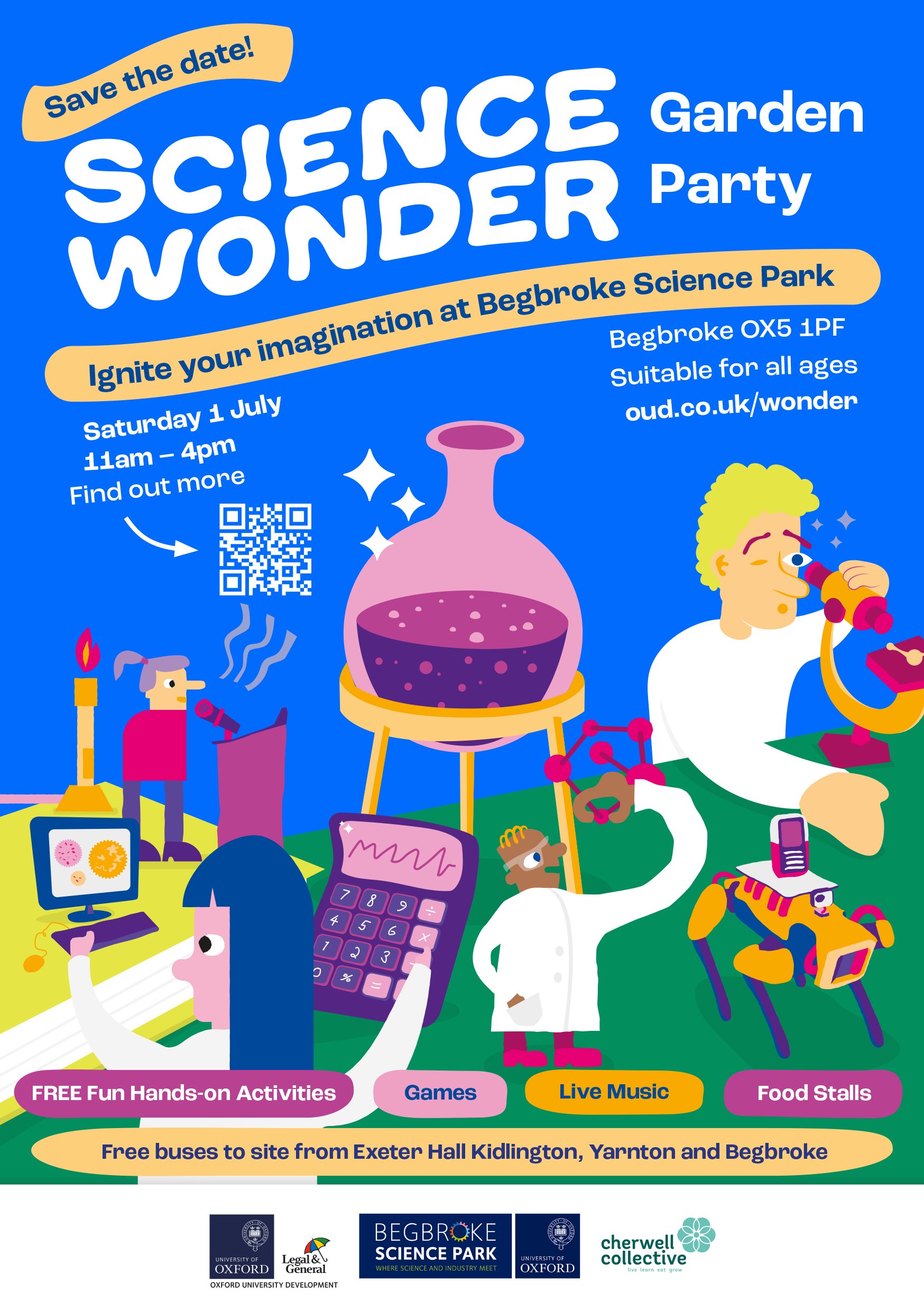 Poster advertising the Science Wonder Garden Party on 1 July at Begbroke Science Park.