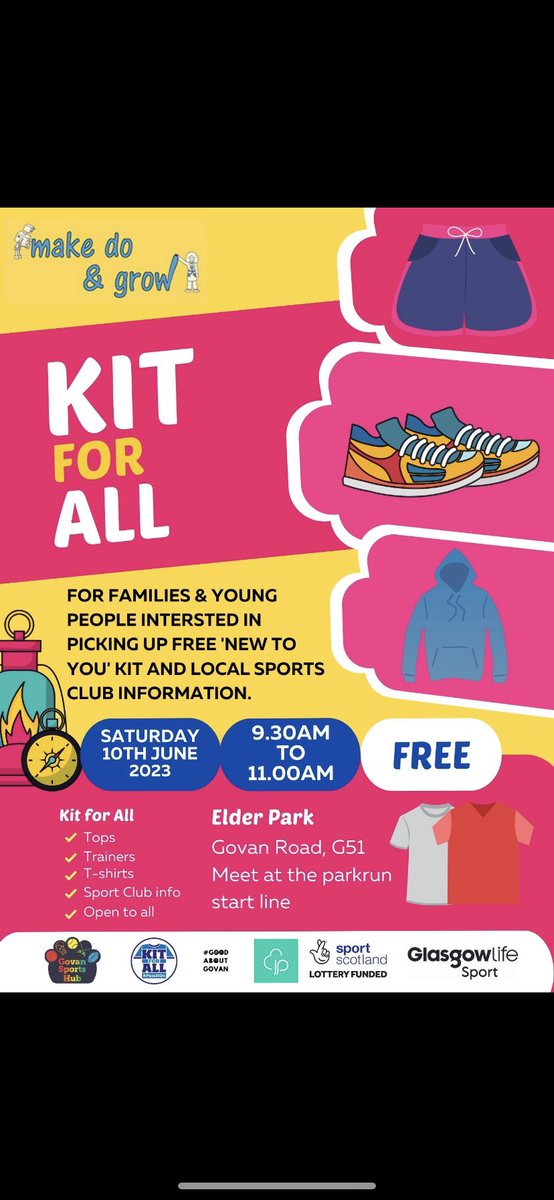Our next Kit for All event with <a href="/makedogrow/">Make Do & Grow CIC</a> &amp; <a href="/parkrun/">parkrun 🌳</a> takes place this Saturday from 9.30am to 11.00am at Elder Park. It's your chance to #PassItOn picking up FREE 'pre loved' sports clothing &amp; shoes &amp; find out more regarding opportunities to get active in Govan.