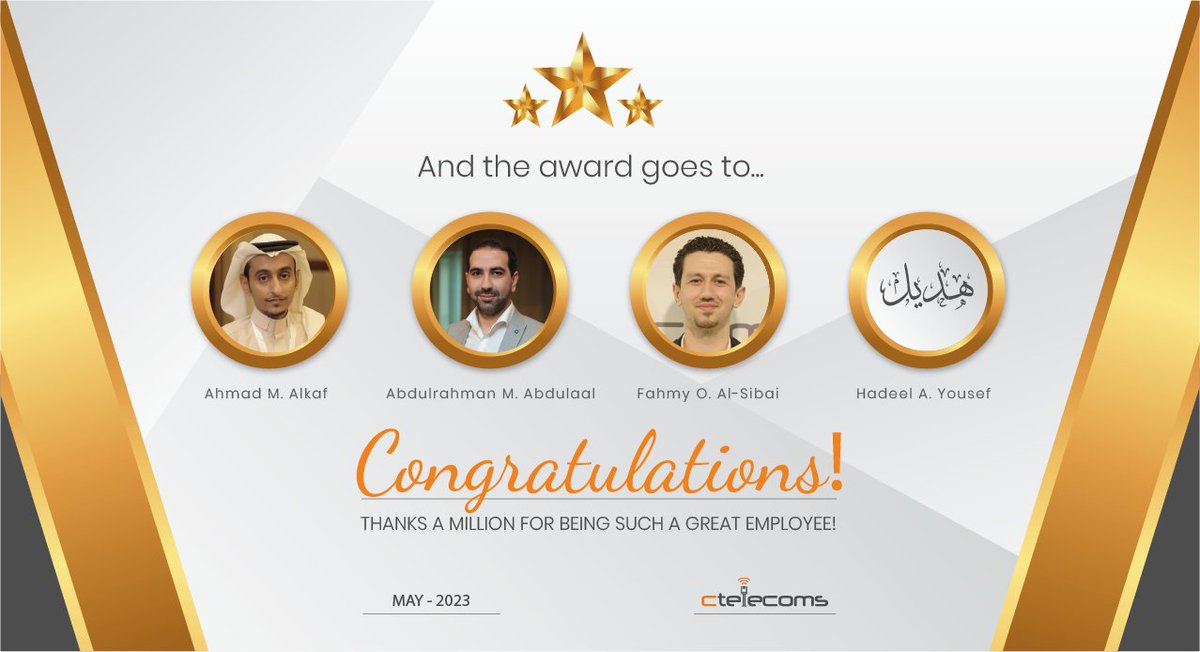 💎 Ctelecoms also highly appreciate the influencers' job in May/2023:
🔸 Hadeel Yousef 
🔸 Abdulrahman Abdulaal
🔸 Ahmad Alkaf
🔸 Fahmy Al-Sibai
Your hard work and unwavering commitment are deeply appreciated. Thank you for your valuable contributions. 💐

#Employee_of_the_month