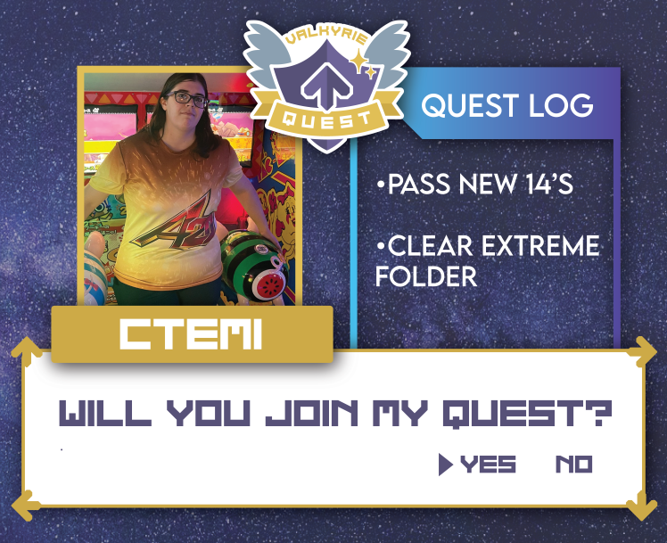 Join my quest to pass new 14s and to relive my childhood by playing through the DDR Extreme folder! 

Pledge for me or any of the amazing Valkyries here: valkyriedimension.com/valkyrie-quest/