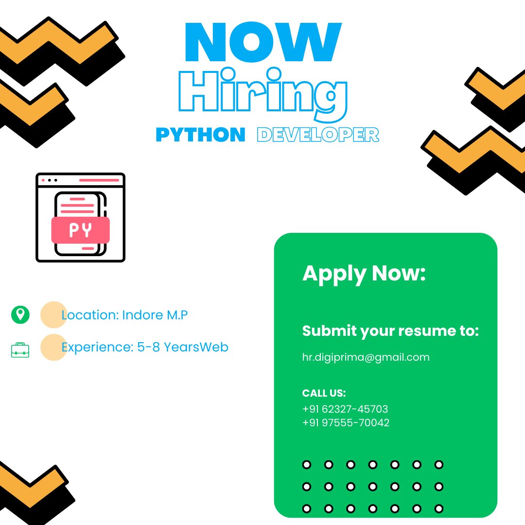 DigiprimaTech's tweet image. Calling all Python enthusiasts! Join our team of talented Python developers and unlock endless possibilities in software development. 

Send your CV to: hr.digiprima@gmail.com
Call:- +91 62327-45703 
#PythonDeveloper #CodingGenius #TechCareer #InnovationMatters #TechTeam