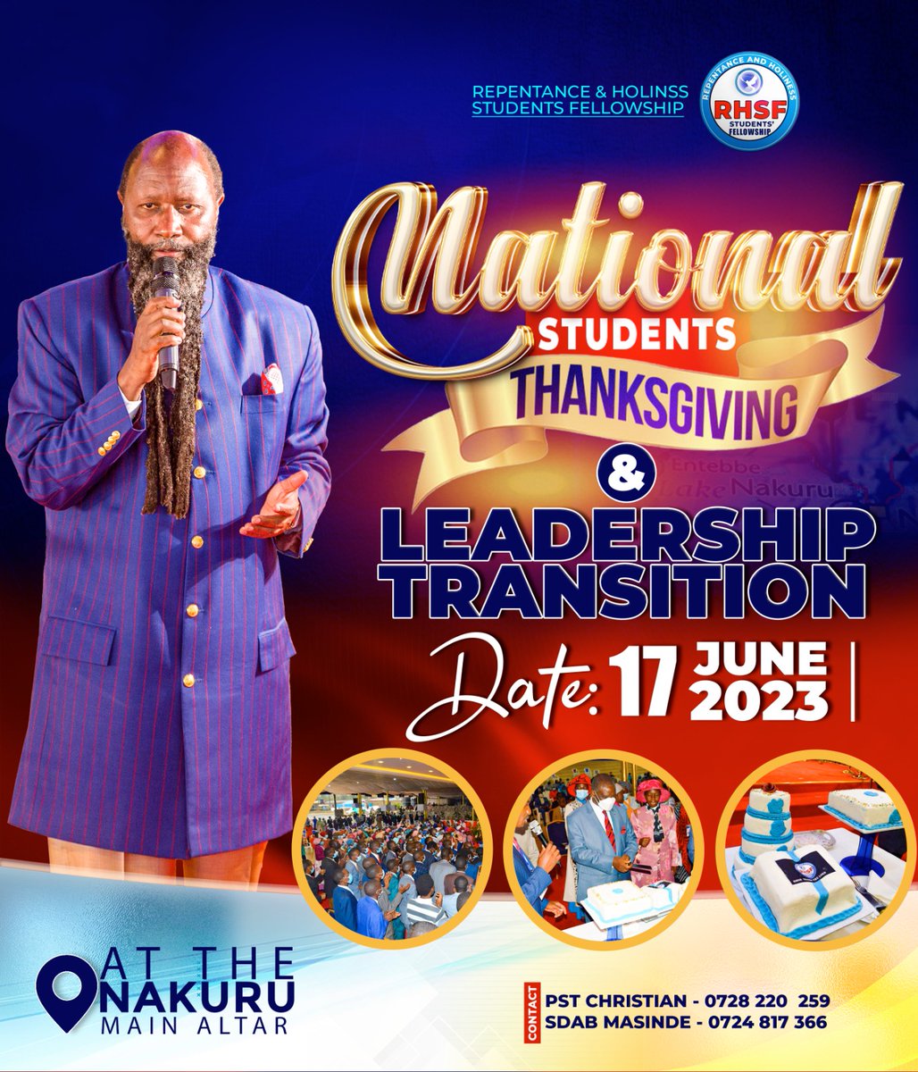 THE MINISTRY OF REPENTANCE AND HOLINESS STUDENTS FELLOWSHIP PRESENTS...

THE COMING UP OF THE NATIONAL RHSF STUDENTS THANKSGIVING AND LEADERSHIP TRANSITION ON 17TH JUNE, 2023

WELCOME ALL